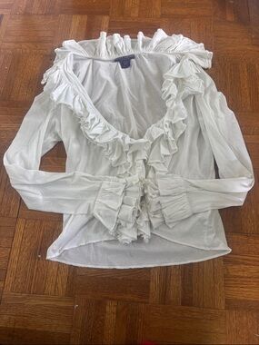 Ralph Lauren Ivory Ruffle-Front Long Sleeve Blouse